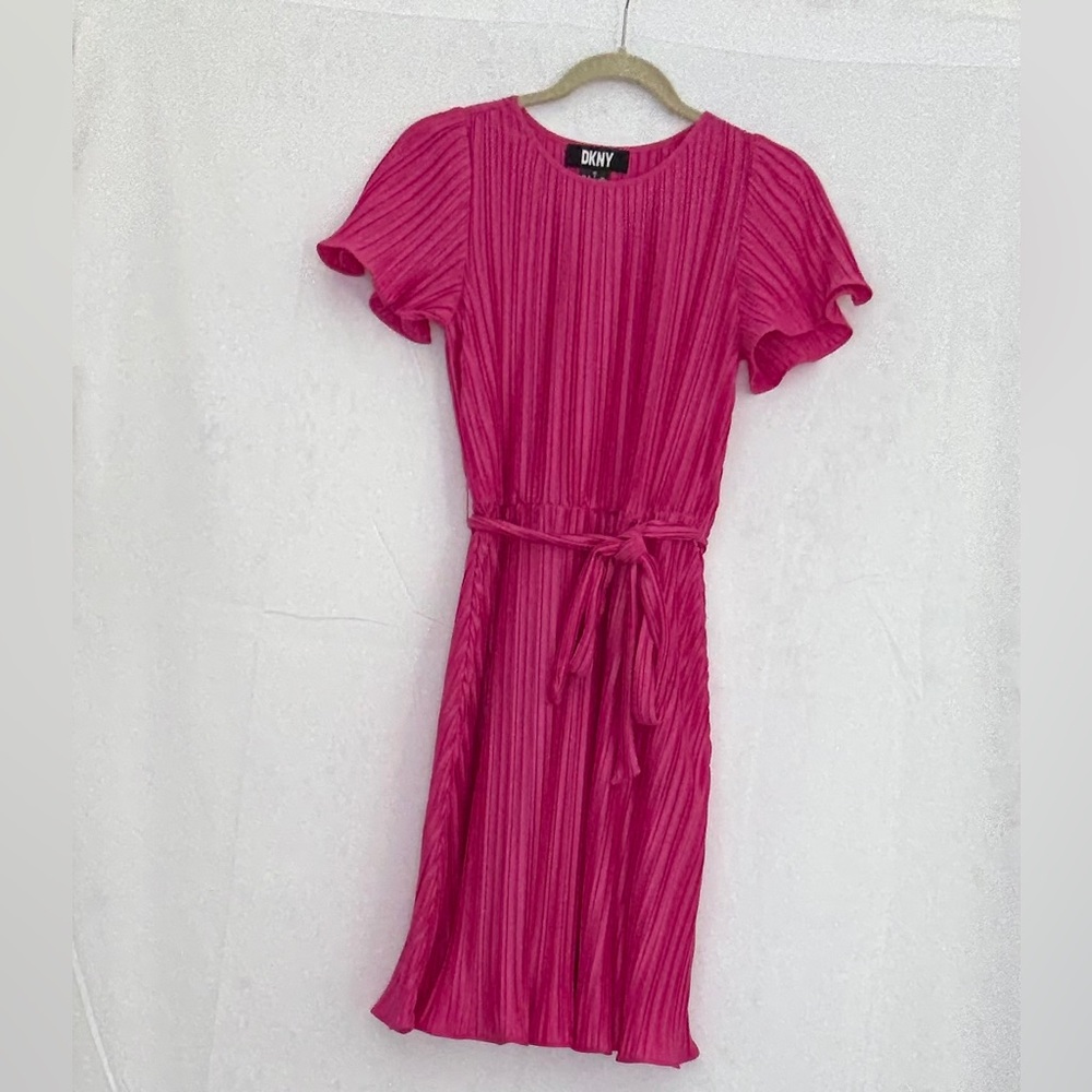 DKNY Pink Pleated Midi Sundress with Flutter Sleeves. Knee length.